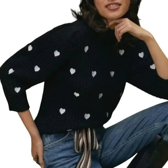 Anthropologie Hearts Mock Neck 3/4 Sleeve Knit Pullover Sweater Black Medium - Picture 2 of 8